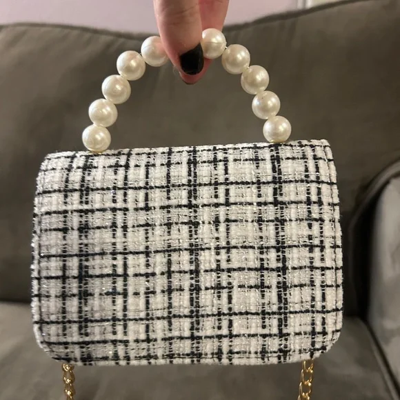 NEW Micro Mini Bag Navy Blue White Tweed Pearl Bow Pearl Top Handle Two-Way - Picture 6 of 12
